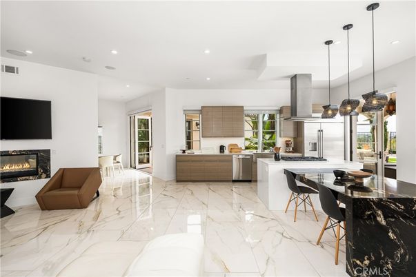 Fireplace, Interior, Kitchen, Marble, Pendant Lights, Recessed Lighting, Stainless Steel Appliances
