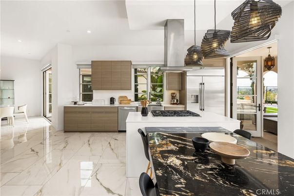 Interior, Kitchen, Marble, Pendant Lights, Recessed Lighting, Stainless Steel Appliances