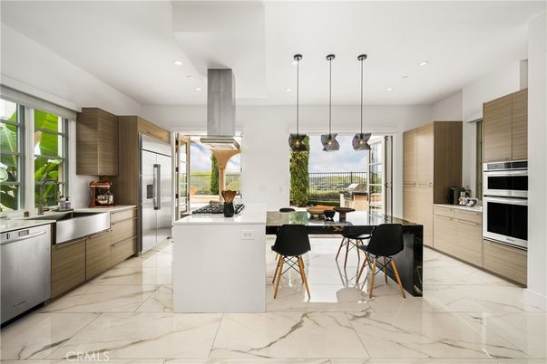 Interior, Kitchen, Marble, Pendant Lights, Recessed Lighting, Stainless Steel Appliances