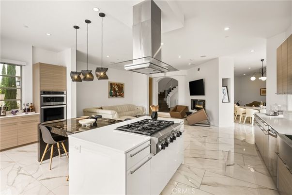 Dining room, Fireplace, Interior, Kitchen, Living room, Marble, Pendant Lights, Recessed Lighting, Stainless Steel Appliances