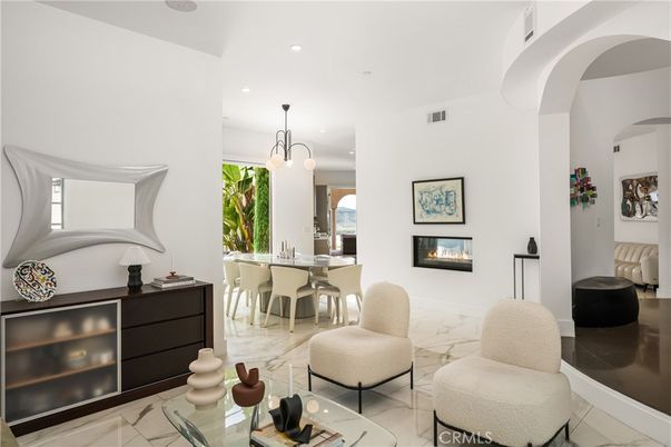 Dining room, Fireplace, Interior, Marble, Pendant Lights, Recessed Lighting