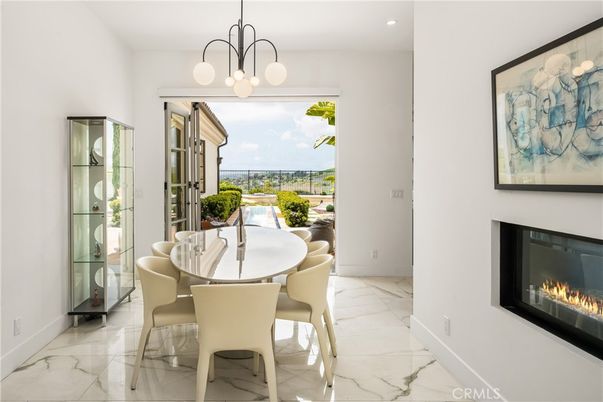 Dining room, Fireplace, Interior, Marble, Pendant Lights, Recessed Lighting