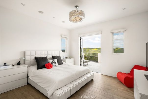 Bedroom, Chandelier, Interior, Recessed Lighting, Wood Texture Flooring