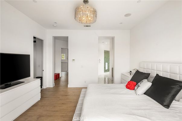 Bedroom, Chandelier, Interior, Wood Texture Flooring