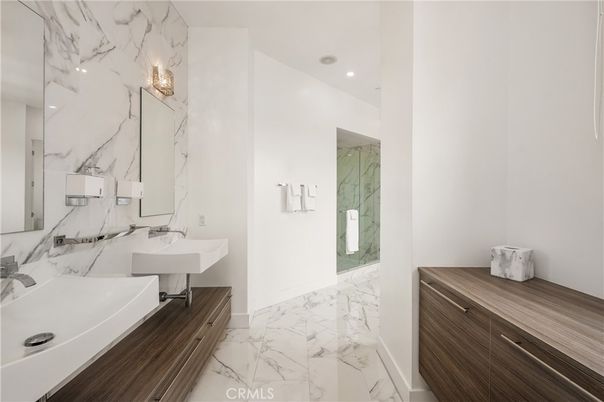 Bathroom, Dual Sink Vanities, Interior, Marble, Marble Walls, Recessed Lighting