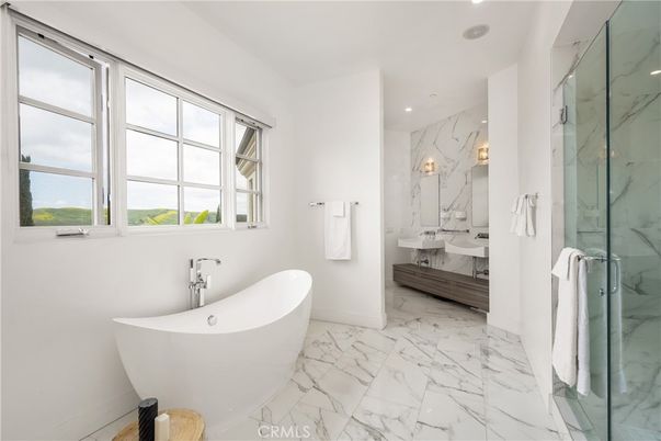Bathroom, Free Standing Baths, Glass Shower, Interior, Marble, Marble Walls, Recessed Lighting