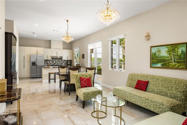 Chandelier, Dining room, Interior, Kitchen, Living room, Recessed Lighting, Stainless Steel Appliances