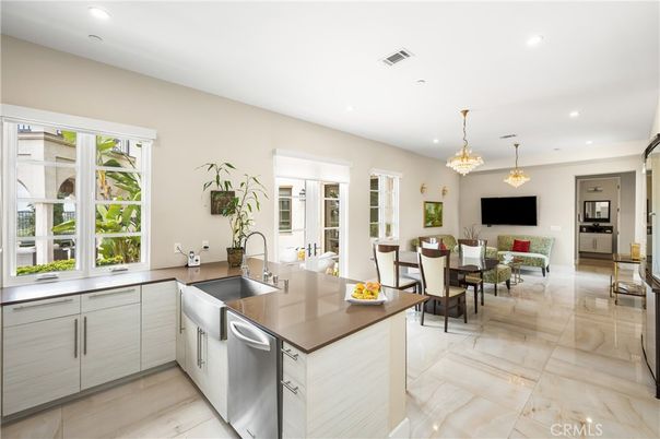 Chandelier, Dining room, Interior, Kitchen, Living room, Recessed Lighting, Stainless Steel Appliances