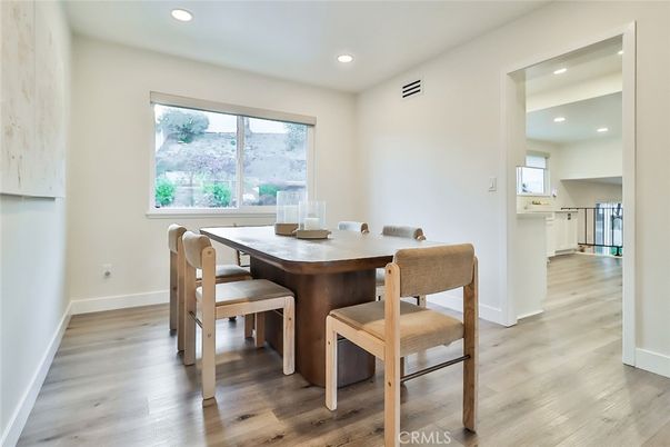 Dining room, Interior, Recessed Lighting, Wood Texture Flooring