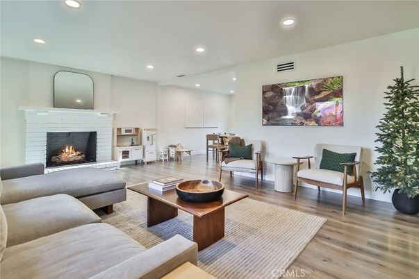 Fireplace, Interior, Living room, Recessed Lighting, Wood Texture Flooring