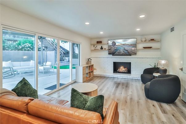 Fireplace, Interior, Living room, Recessed Lighting, Wood Texture Flooring