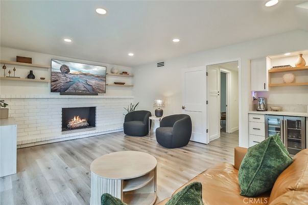 Fireplace, Interior, Living room, Recessed Lighting, Wood Texture Flooring