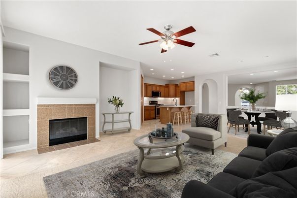 Dining room, Fireplace, Interior, Kitchen, Living room, Recessed Lighting, Stainless Steel Appliances