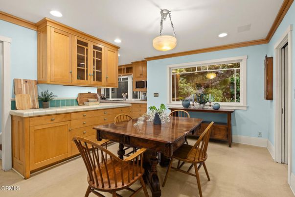 Dining room, Interior, Kitchen, Pendant Lights, Recessed Lighting, Stainless Steel Appliances, Tile Countertops