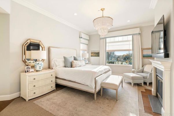Bedroom, Chandelier, Fireplace, Interior, Recessed Lighting, Wood Texture Flooring