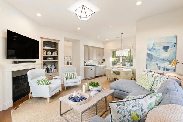 Dining room, Fireplace, Interior, Kitchen, Living room, Pendant Lights, Recessed Lighting, Wood Texture Flooring