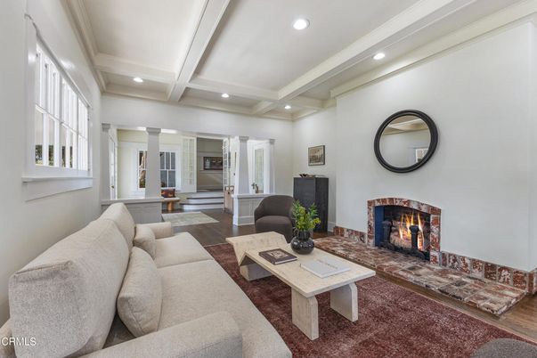 Fireplace, Interior, Living room, Recessed Lighting, Wood Texture Flooring