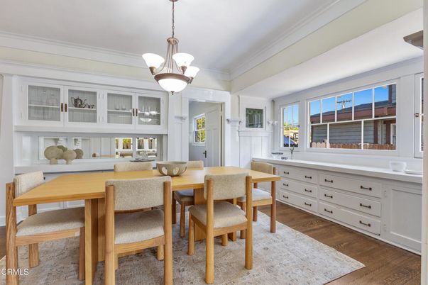 Dining room, Interior, Pendant Lights, Wood Texture Flooring