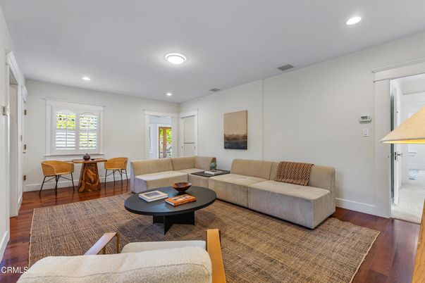Dining room, Interior, Living room, Recessed Lighting, Wood Texture Flooring