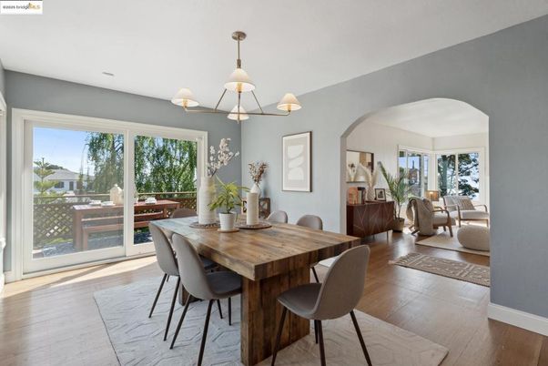 Dining room, Interior, Pendant Lights, Wood Texture Flooring