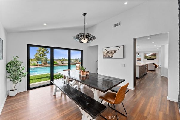 Dining room, Interior, Kitchen, Pendant Lights, Recessed Lighting, Water, Wood Texture Flooring