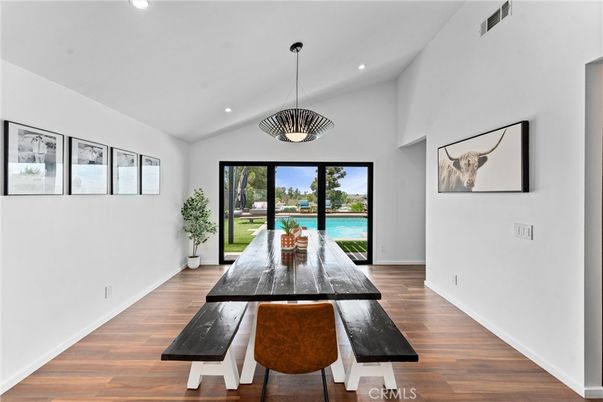 Dining room, Interior, Pendant Lights, Recessed Lighting, Water, Wood Texture Flooring