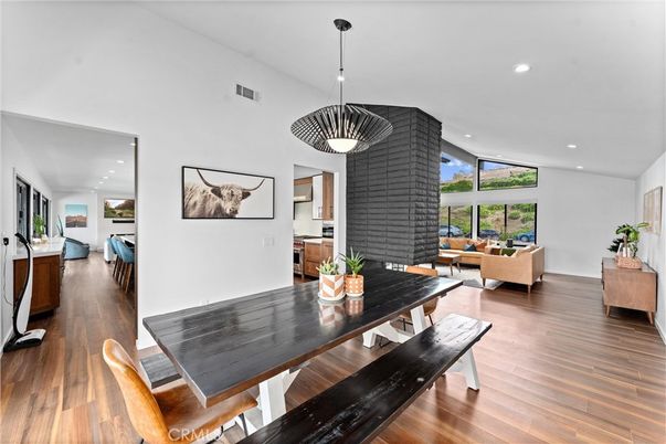 Dining room, Interior, Living room, Pendant Lights, Recessed Lighting, Wood Texture Flooring
