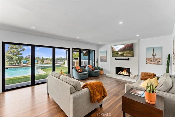 Fireplace, Interior, Living room, Recessed Lighting, Wood Texture Flooring