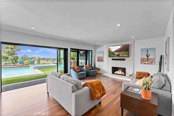 Fireplace, Interior, Living room, Recessed Lighting, Wood Texture Flooring