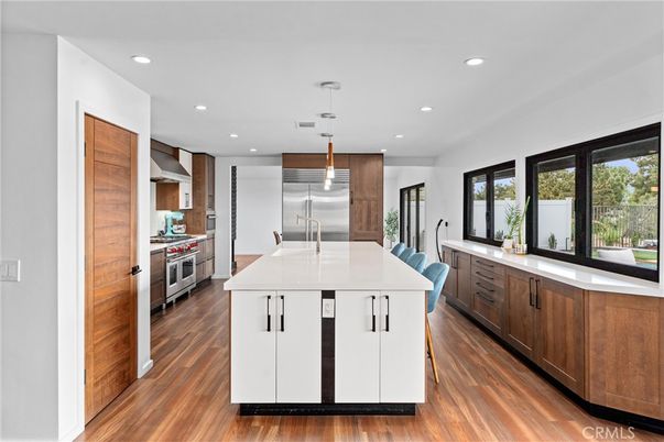 Interior, Kitchen, Pendant Lights, Recessed Lighting, Stainless Steel Appliances, Wood Texture Flooring