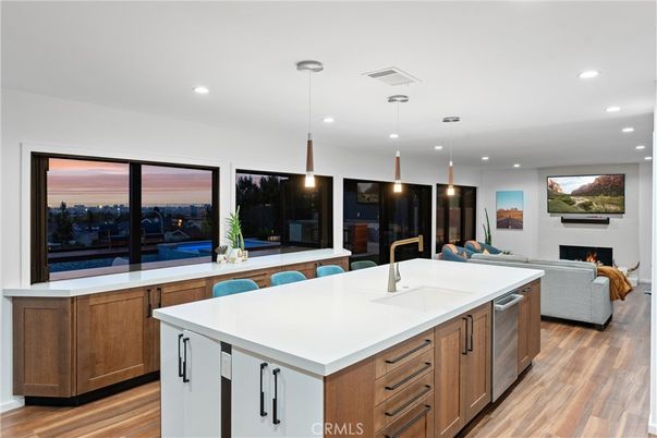 Fireplace, Interior, Kitchen, Living room, Pendant Lights, Recessed Lighting, Wood Texture Flooring