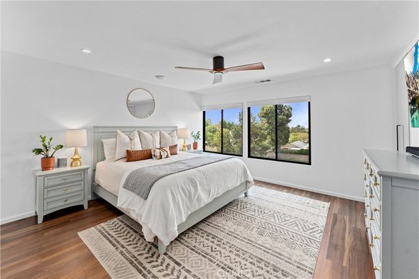 Bedroom, Interior, Recessed Lighting, Wood Texture Flooring