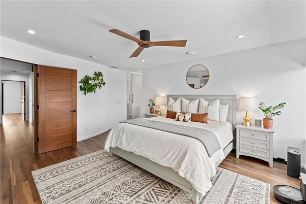 Bedroom, Interior, Recessed Lighting, Wood Texture Flooring