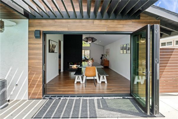 Dining room, Fireplace, Interior, Wood Texture Flooring, Wooden Walls