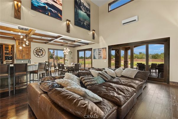 Chandelier, Dining room, Interior, Living room, Pendant Lights, Wooden Beams, Wood Texture Flooring