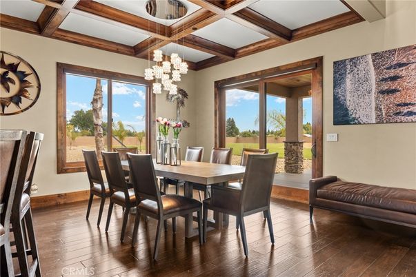 Chandelier, Dining room, Interior, Wooden Beams, Wood Texture Flooring