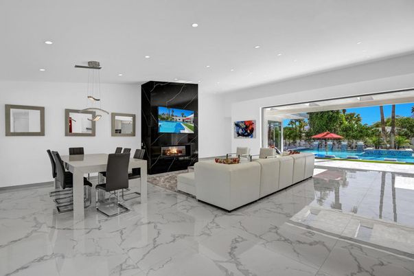 Dining room, Fireplace, Interior, Living room, Marble, Pendant Lights, Recessed Lighting