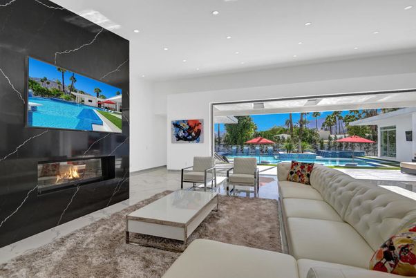 Fireplace, Interior, Living room, Marble Walls, Recessed Lighting