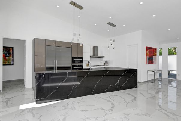 Interior, Kitchen, Marble, Pendant Lights, Recessed Lighting, Stainless Steel Appliances