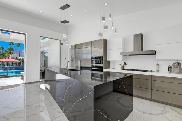 Interior, Kitchen, Marble, Pendant Lights, Recessed Lighting, Stainless Steel Appliances