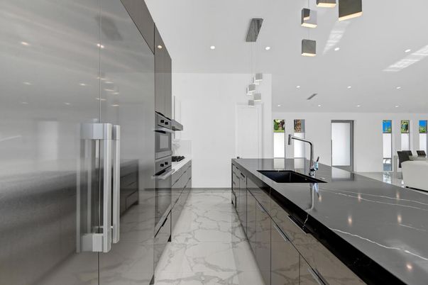Interior, Kitchen, Marble, Pendant Lights, Recessed Lighting, Stainless Steel Appliances