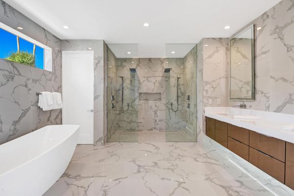 Bathroom, Dual Sink Vanities, Free Standing Baths, Glass Shower, Interior, Marble, Marble Walls, Recessed Lighting