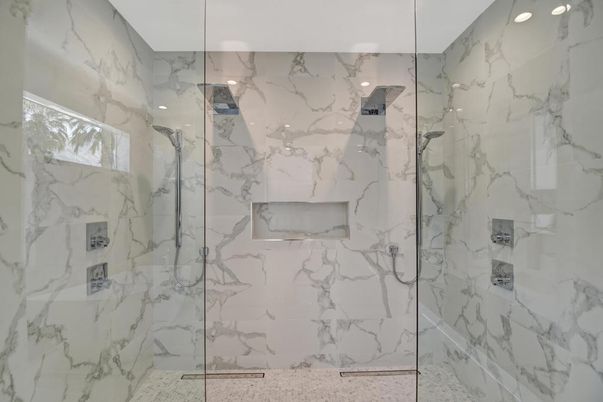 Bathroom, Glass Shower, Interior, Marble Walls, Recessed Lighting