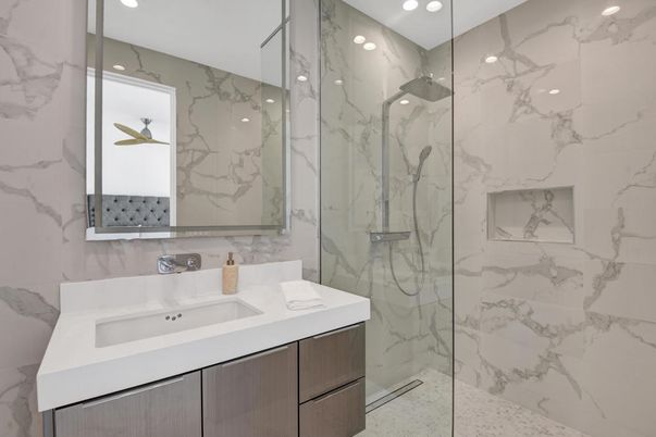 Bathroom, Glass Shower, Interior, Marble Walls, Recessed Lighting