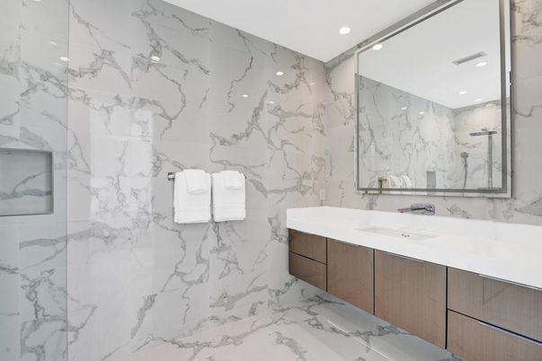 Bathroom, Dual Sink Vanities, Interior, Marble, Marble Walls, Recessed Lighting