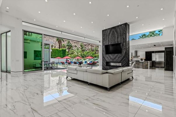 Fireplace, Interior, Living room, Marble, Recessed Lighting