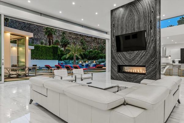 Fireplace, Interior, Living room, Marble, Recessed Lighting
