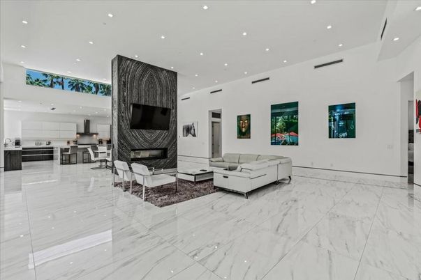 Fireplace, Interior, Kitchen, Living room, Marble, Recessed Lighting
