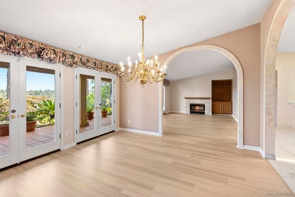 Chandelier, Empty room, Fireplace, Interior, Wood Texture Flooring