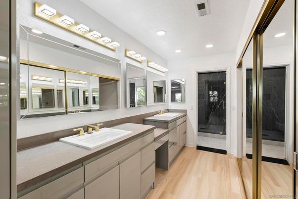 Bathroom, Dual Sink Vanities, Glass Shower, Interior, Recessed Lighting, Wood Texture Flooring